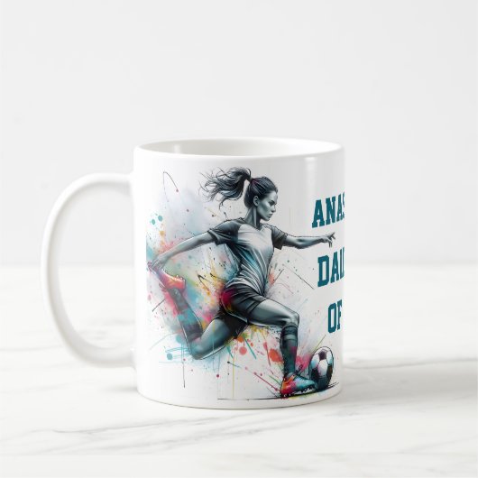 ダイナミックなガールサッカー選手のアクショやる気を起こさせるン コーヒーマグカップ (左)