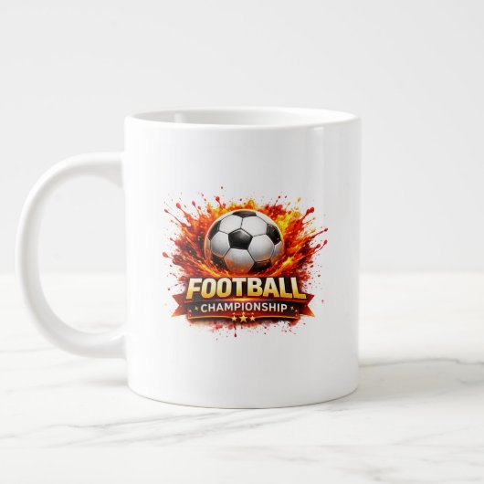 ダイナミックなサッカーのデザイン 炎とアクション ジャンボコーヒーマグカップ (左)