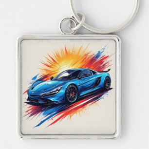 ダイナミックなブラシストロークを持つ様式化されたスポーツカー キーホルダー