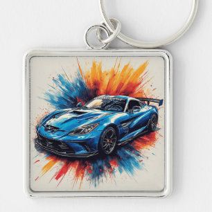 ダイナミックなブラシストロークを持つ様式化されたスポーツカー キーホルダー