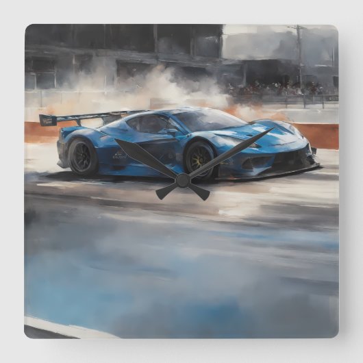 ダイナミックなブルーアーバンレースシーン スクエア壁時計 (正面)