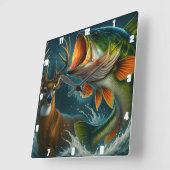 ダイナミックなベースと鹿 スクエア壁時計 (傾斜)