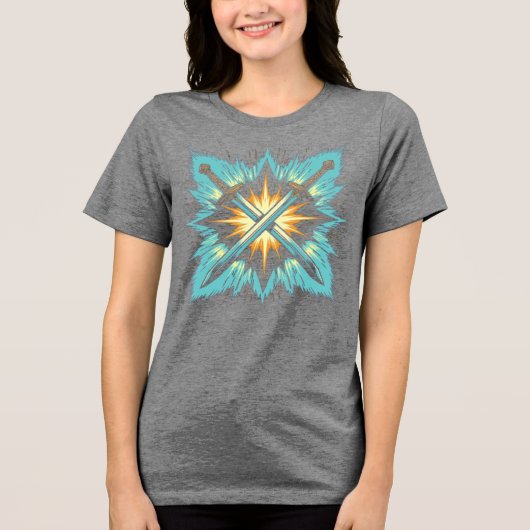 ダイナミックな幻想的な交差矢印 輝くエネルギー トライブレンドTシャツ (正面)