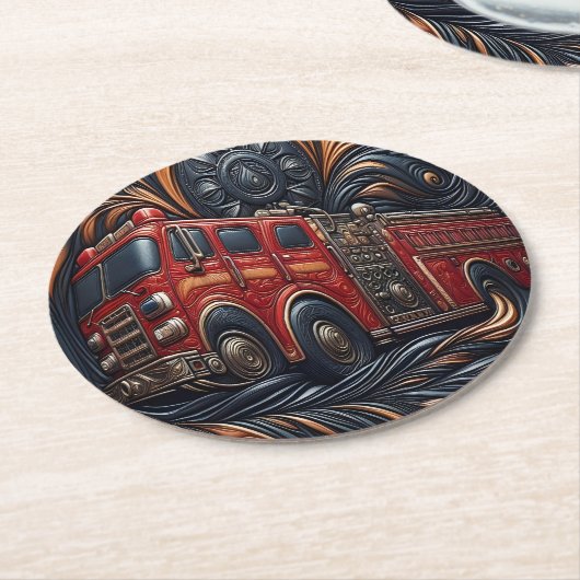 ダイナミックな消防車のレザーアート ラウンドペーパーコースター (アングル)