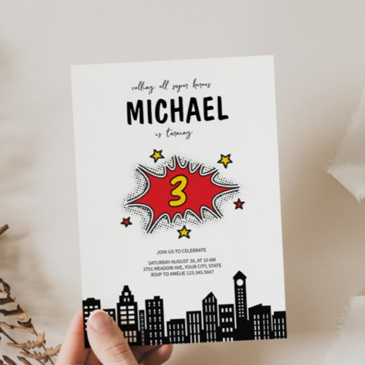 ダイナミックスーパーヒーロー3歳誕生日招待状 招待状