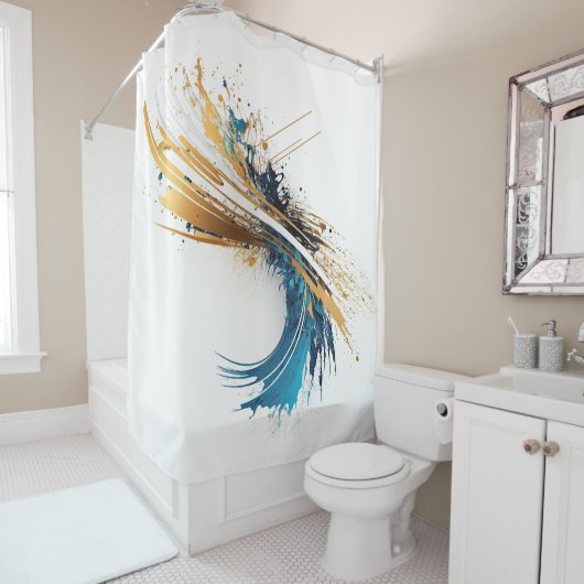 ダイナミック抽象芸術スプラッシュホワイトティール（緑がかった色）金ゴールドテーブルクロス シャワーカーテン (インサイチュ)