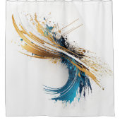 ダイナミック抽象芸術スプラッシュホワイトティール（緑がかった色）金ゴールドテーブルクロス シャワーカーテン (正面)