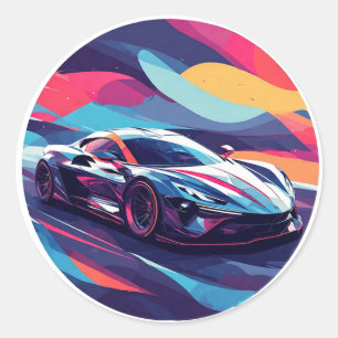 ダイナミック未来的スポーツカーイラストレーション ラウンドシール
