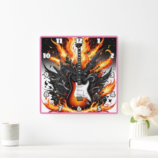 ダイナミック鮮やかアートの炎で発火したギター スクエア壁時計 (ホーム)