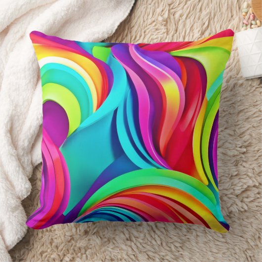 ダイナミック鮮やかカラーの抽象芸術波 クッション (ブランケット)