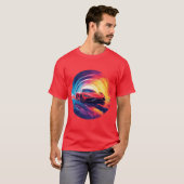 ダイナミック鮮やかスパイラルデザインの赤スポーツカー Tシャツ (正面フル)