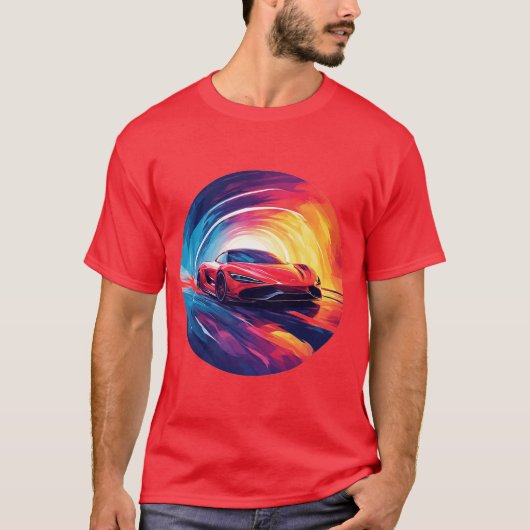 ダイナミック鮮やかスパイラルデザインの赤スポーツカー Tシャツ (正面)