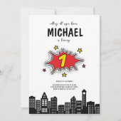 ダイナミック・スーパーヒーロー1st誕生日招待状 招待状 (正面)