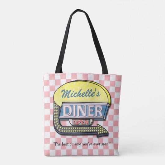 ダイナーの印のレトロ50sのピンクは|の名前をカスタムするを市松模様にしました トートバッグ (裏面)