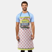 ダイナーサインレトロ50s世紀中頃のピンクチモダンェック エプロン (着用した状態)