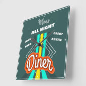 ダイナーママの任意の名前レトロストライプタグラインティール(緑がかった色) スクエア壁時計 (傾斜)