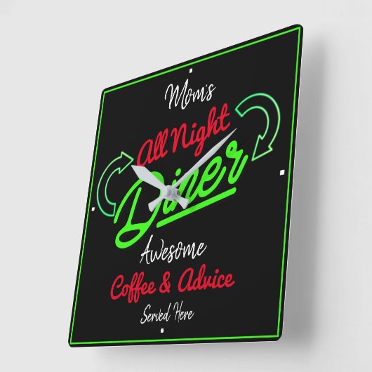 ダイナーママの名前ネオングリーン効果赤おもしろい黒 スクエア壁時計 (傾斜)