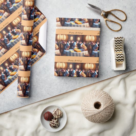 ダイニングテーブルでマウスの家族、かわいいカスタム ラッピングペーパー (クラフト)