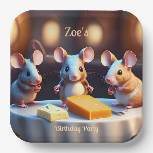 ダイニングテーブルでマウスの家族，子供の誕生日 ペーパープレート (正面)