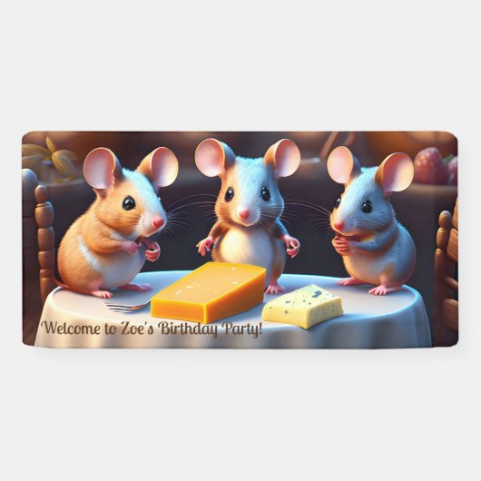 ダイニングテーブルでマウスの家族,子供の誕生日 横断幕 (横)