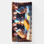 ダイニングテーブルでマウスの家族,子供の誕生日 横断幕 (縦)