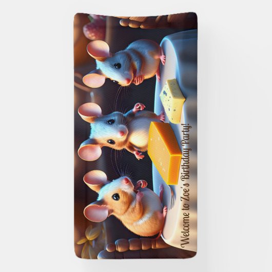 ダイニングテーブルでマウスの家族，子供の誕生日 横断幕 (縦)