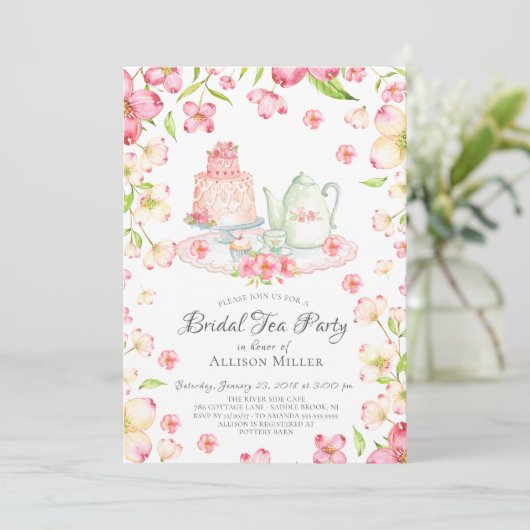 ダイニーピンクフローラブライダルティーパーティの招待状 招待状 (スタンド正面)