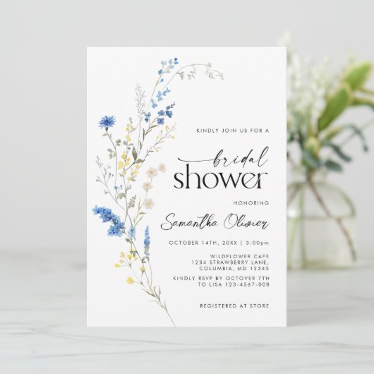 ダイニーブルーワイルドフラワーズシンプルネイビーブライダルシャワー 招待状 (スタンド正面)