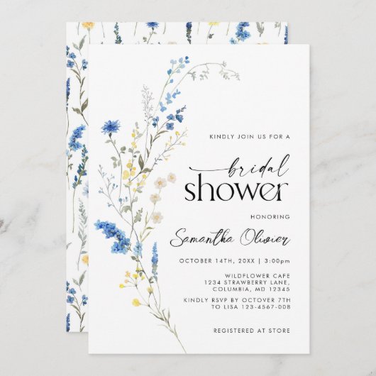 ダイニーブルーワイルドフラワーズシンプルネイビーブライダルシャワー 招待状 (正面/裏面)