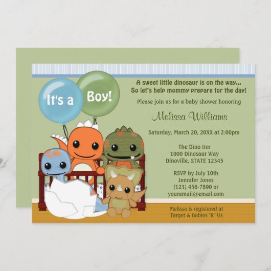 ダイノス恐竜の赤ちゃんシャワー招待ボーイDAPC 招待状 (正面/裏面)