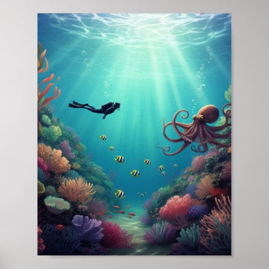 ダイバーが海の生き物を発見 ポスター (正面)