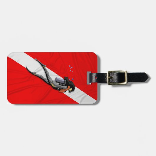 ダイバーとしわの寄ったダイブフラグ ラゲッジタグ (正面横)