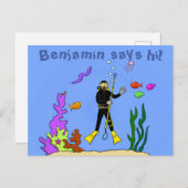 ダイバーと魚の海の生き物が面白おかしく描かれた漫画 ポストカード (正面/裏面)