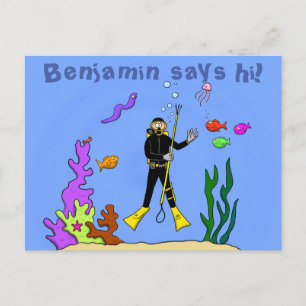 ダイバーと魚の海の生き物が面白おかしく描かれた漫画 ポストカード