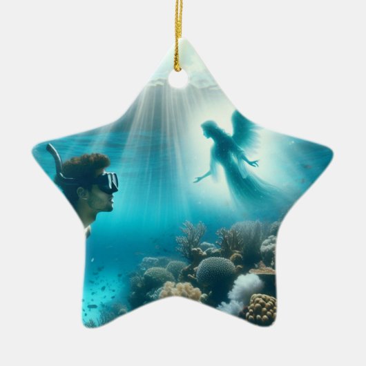 ダイバーはリーフエンジェルを見つける セラミックオーナメント (正面)