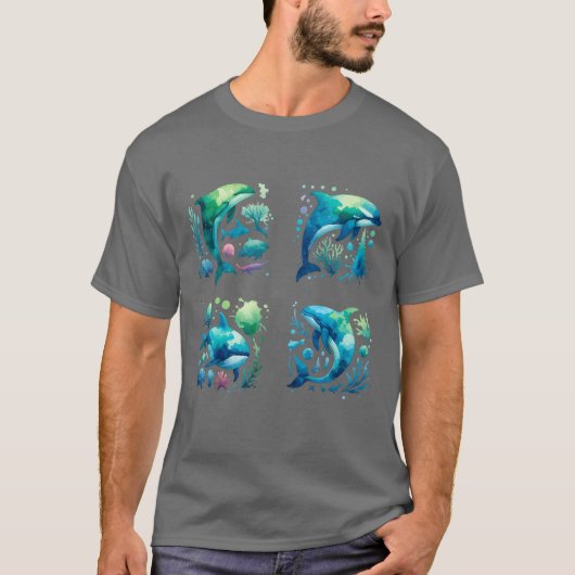 ダイバーまたはシュノーケラーとクジラの群れ Tシャツ (正面)