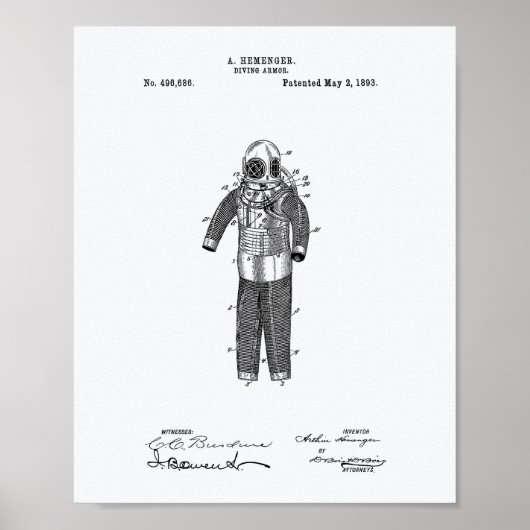 ダイビングアーマー1893特許アートホワイト紙 ポスター (正面)