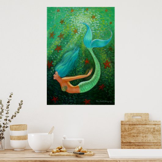 ダイビングブルーヘアマーメイドファンタジーアートポスター ポスター (キッチン)