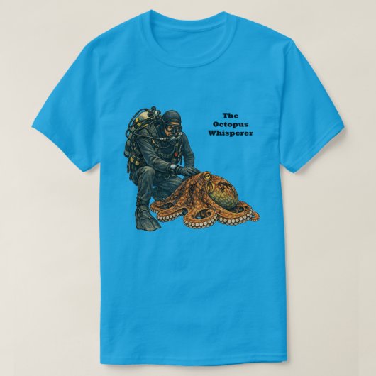 ダイビング中のダイバーが大きなタコを撫でる URM Tシャツ (デザイン正面)