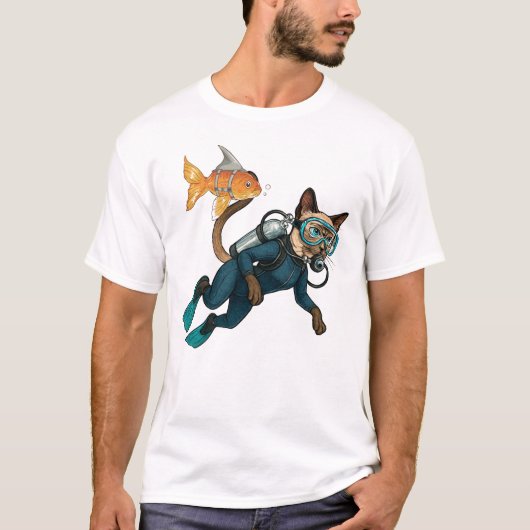ダイビング スキューバ猫 ブルー ウェットスーツ Tシャツ (正面)