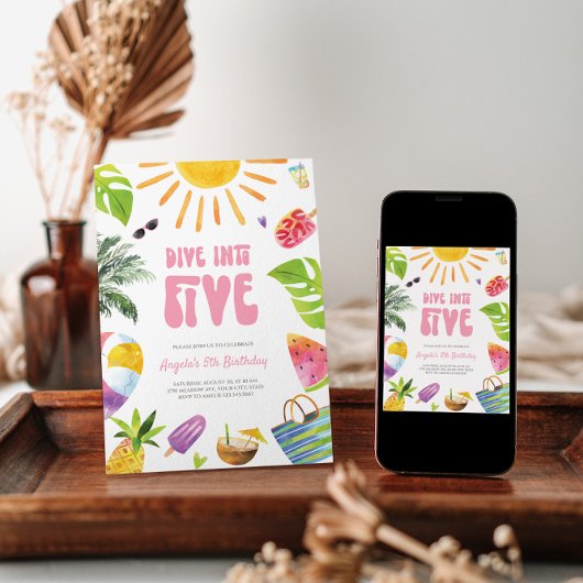 ダイブインファイブピンクレトロ誕生日招待状 招待状