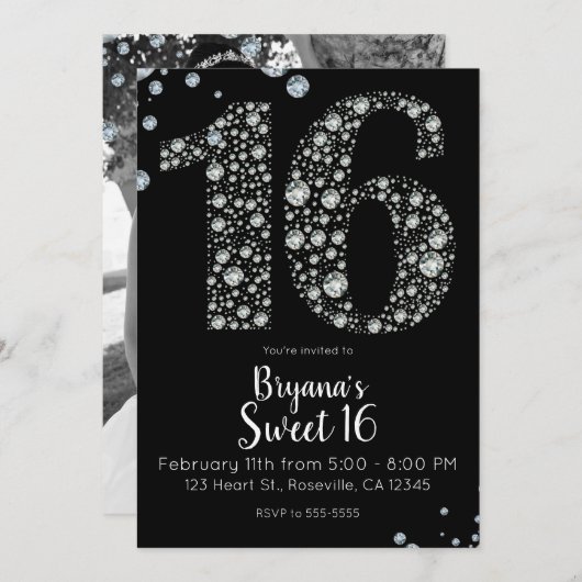 ダイヤきらきら光るモンド16歳16歳の誕生日パーティー写真 招待状 (正面/裏面)