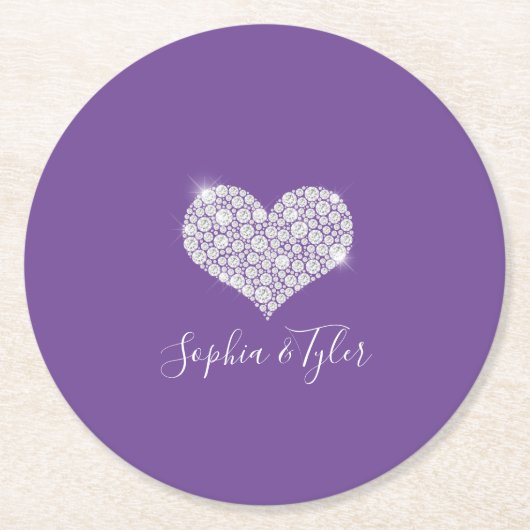 ダイヤきらめくモンドハートの白いスクリプト名、紫 ラウンドペーパーコースター (正面)