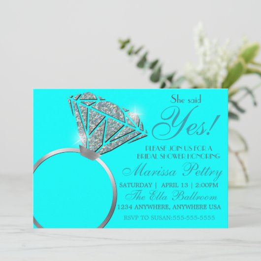 ダイヤの指輪、ブライダルシャワー、彼女はイエスと言った、ターコイズ 招待状 (スタンド正面)