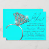 ダイヤの指輪、ブライダルシャワー、彼女はイエスと言った、ターコイズ 招待状 (正面/裏面)