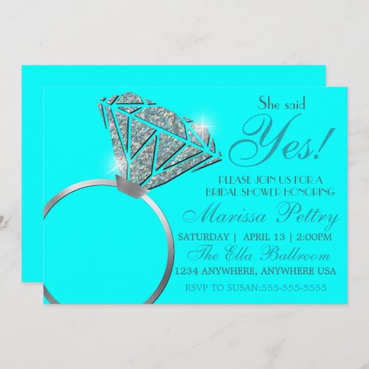ダイヤの指輪、ブライダルシャワー、彼女はイエスと言った、ターコイズ 招待状 (正面/裏面)