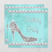 ダイヤエレガントモンドとティール（緑がかった色）ブルーバースデーパーティー 招待状 (正面/裏面)