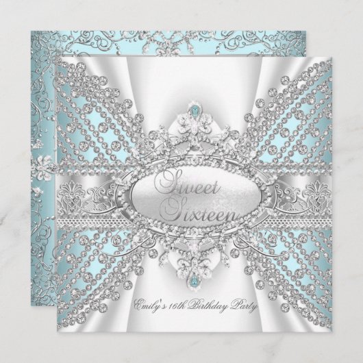 ダイヤエレガントモンドティール（緑がかった色）スウィート16招待状 招待状 (正面/裏面)