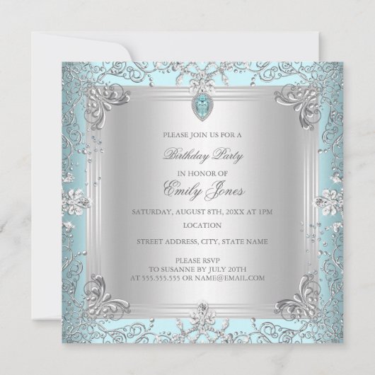 ダイヤエレガントモンドティール（緑がかった色）スウィート16招待状 招待状 (裏面)