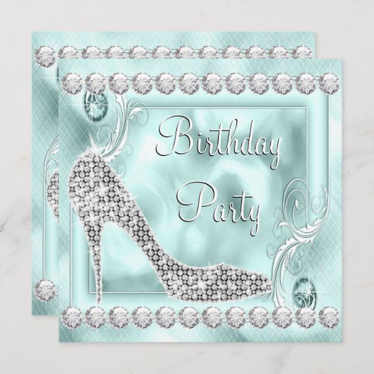 ダイヤエレガントモンドティール（緑がかった色）ブルーバースデーパーティー 招待状 (正面/裏面)